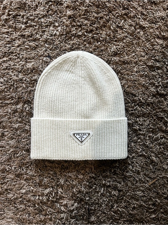 Prada Other - Prada Men’s Cream Ribbed Beanie with Triangle Logo